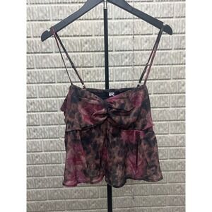 Madden NYC Cami Babydoll Top XL Red Floral Leopard Print Smocked Back Bow Front